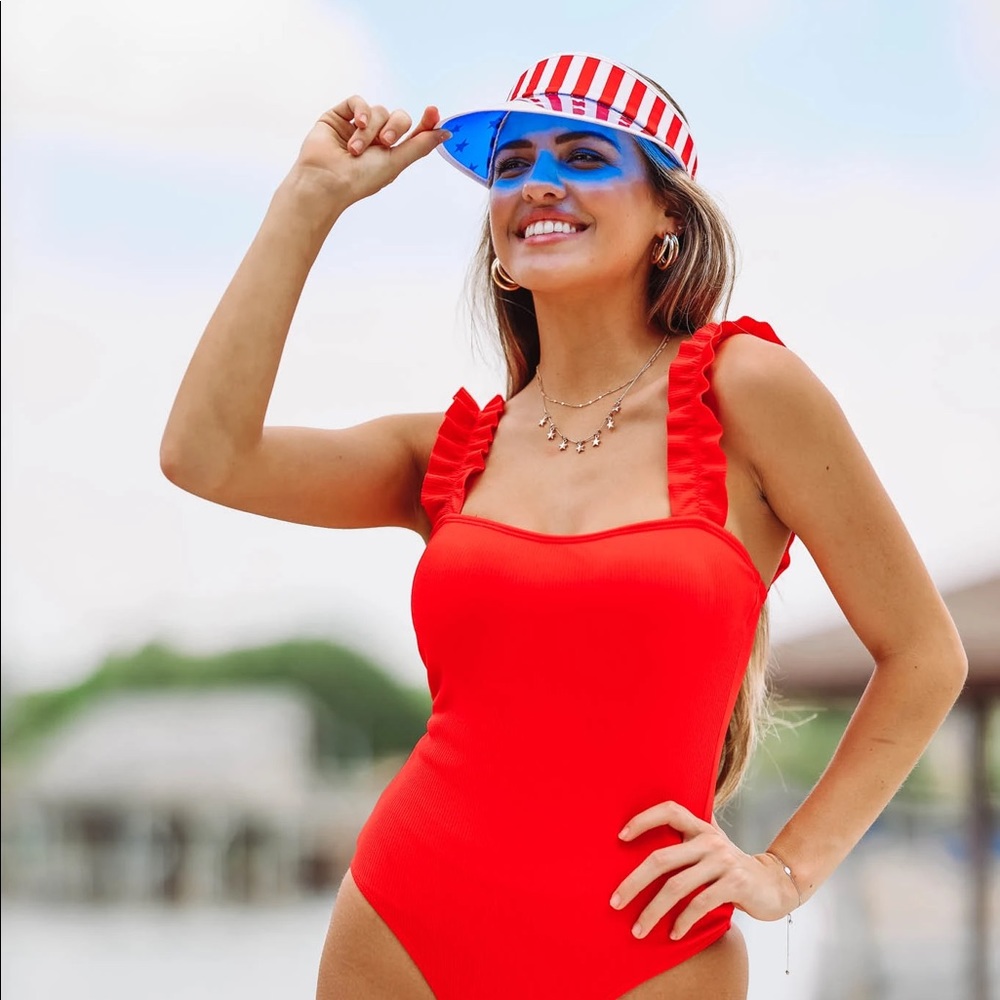 red one piece swimsuit
